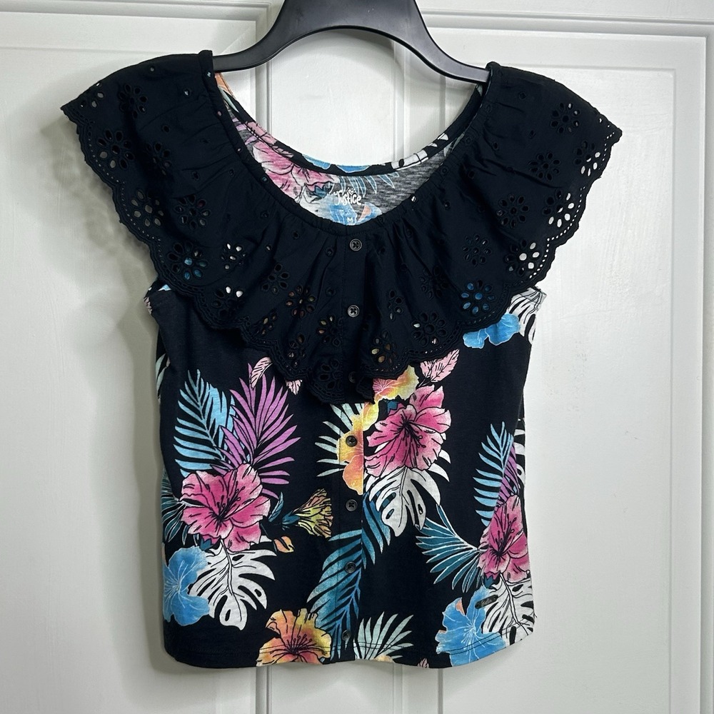Justice Ruffle Neckline Tank Girls Medium 10 Tropical Black Multicolored Floral